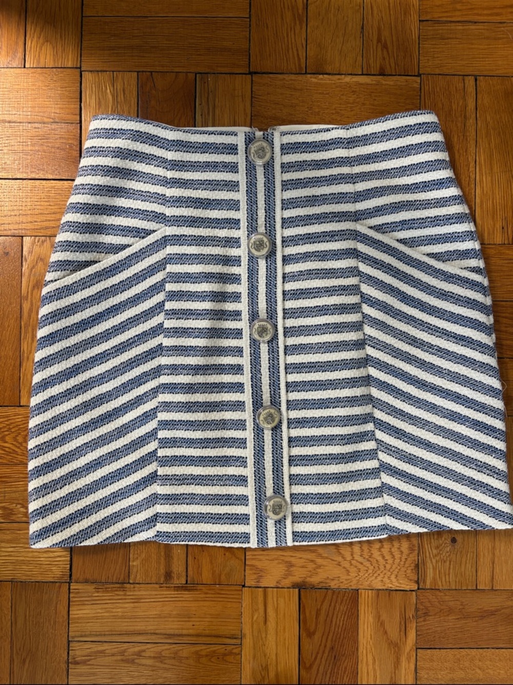 Veronica Beard Blue and White Striped Button-Front Mini Skirt